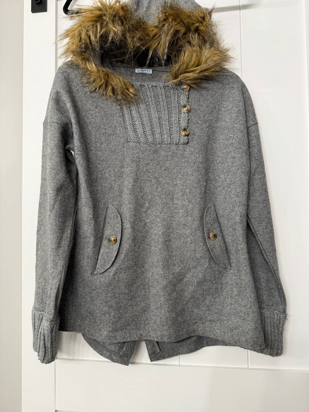 MAYORAL GIRLS GREY CARDIGAN WITH FAUX FUR HOOD sz 18 EUC